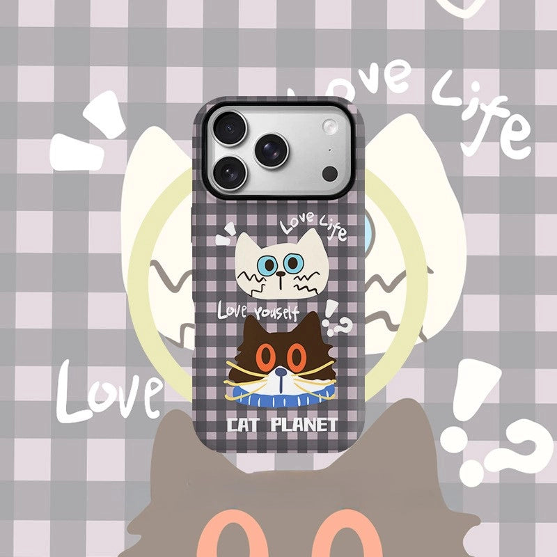 "Cat Planet" Checkered Case for iPhone 13-17 PM | MagSafe 2-in-1 Film | Glossy/Matte