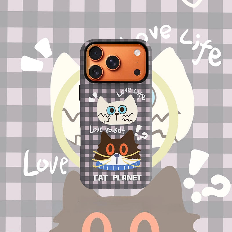 "Cat Planet" Checkered Case for iPhone 13-17 PM | MagSafe 2-in-1 Film | Glossy/Matte