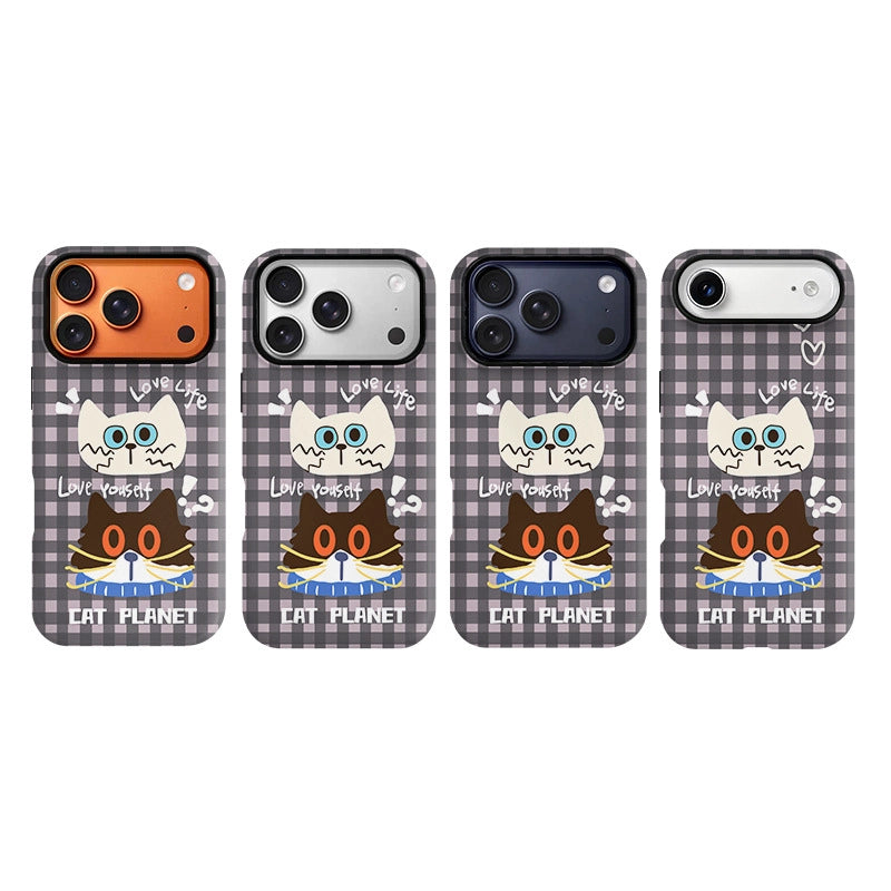 "Cat Planet" Checkered Case for iPhone 13-17 PM | MagSafe 2-in-1 Film | Glossy/Matte