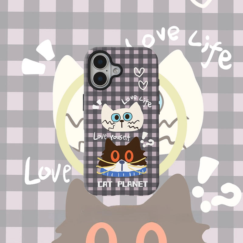 "Cat Planet" Checkered Case for iPhone 13-17 PM | MagSafe 2-in-1 Film | Glossy/Matte