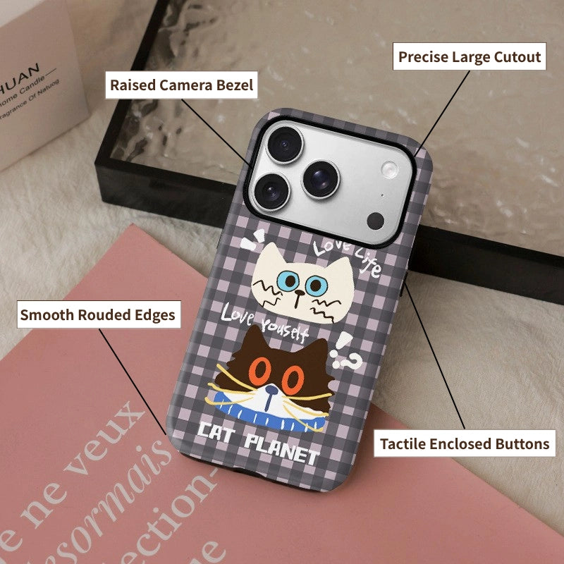 "Cat Planet" Checkered Case for iPhone 13-17 PM | MagSafe 2-in-1 Film | Glossy/Matte