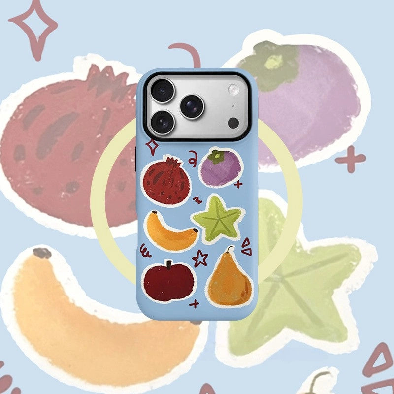 A light blue phone case featuring a colorful illustration of various fruits (pomegranate, purple plum, banana, starfruit, apple, pear) on a light blue background, shown on a decorated pastel background.