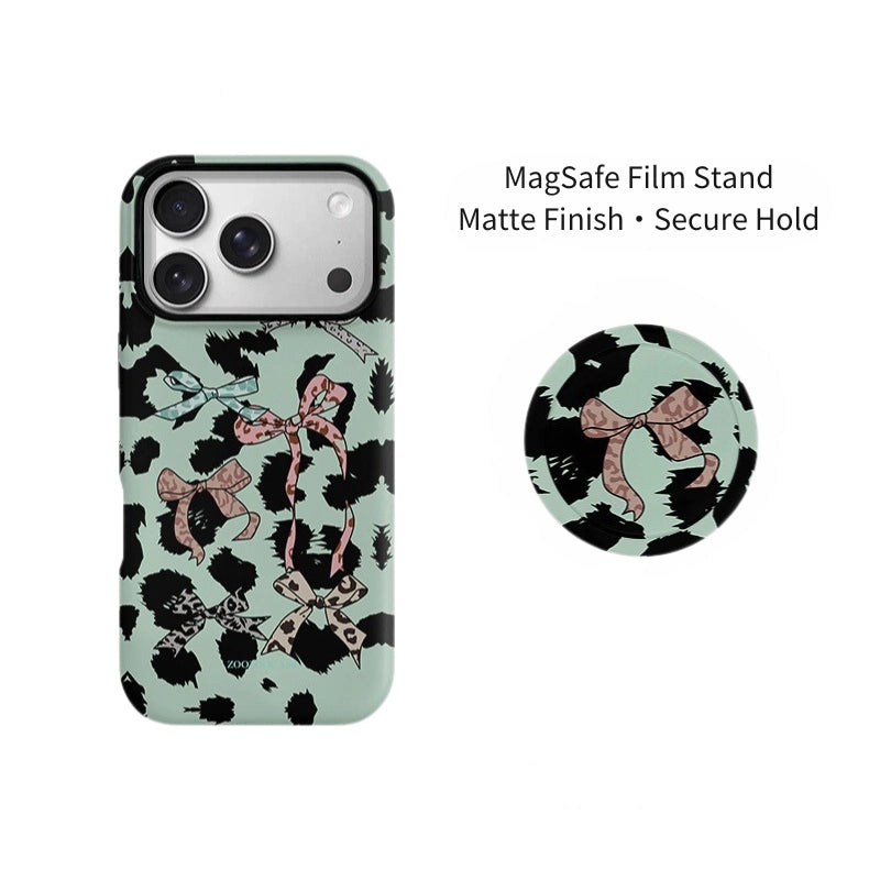 Chic Mint Leopard Ribbon Case for iPhone 13-17 PM | MagSafe 2-in-1 Film | Glossy/Matte