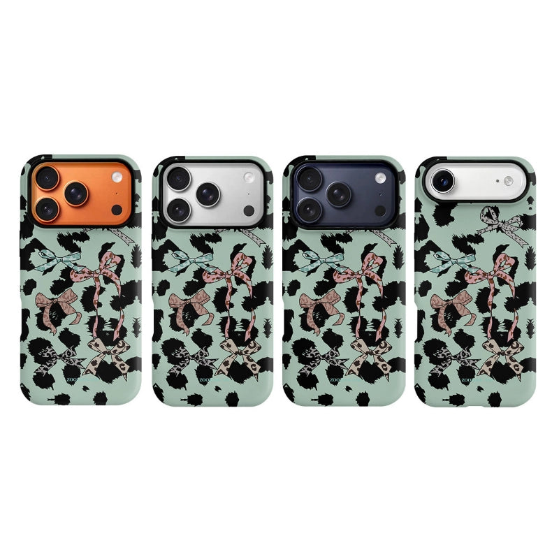 Chic Mint Leopard Ribbon Case for iPhone 13-17 PM | MagSafe 2-in-1 Film | Glossy/Matte
