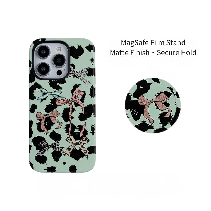 Chic Mint Leopard Ribbon Case for iPhone 13-17 PM | MagSafe 2-in-1 Film | Glossy/Matte