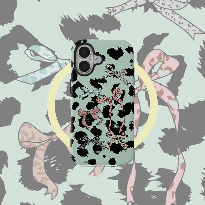 Chic Mint Leopard Ribbon Case for iPhone 13-17 PM | MagSafe 2-in-1 Film | Glossy/Matte