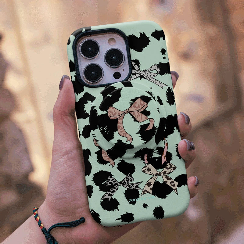 Chic Mint Leopard Ribbon Case for iPhone 13-17 PM | MagSafe 2-in-1 Film | Glossy/Matte