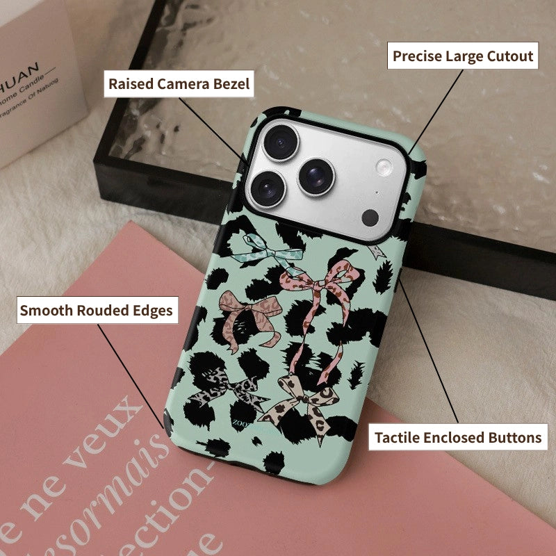 Chic Mint Leopard Ribbon Case for iPhone 13-17 PM | MagSafe 2-in-1 Film | Glossy/Matte