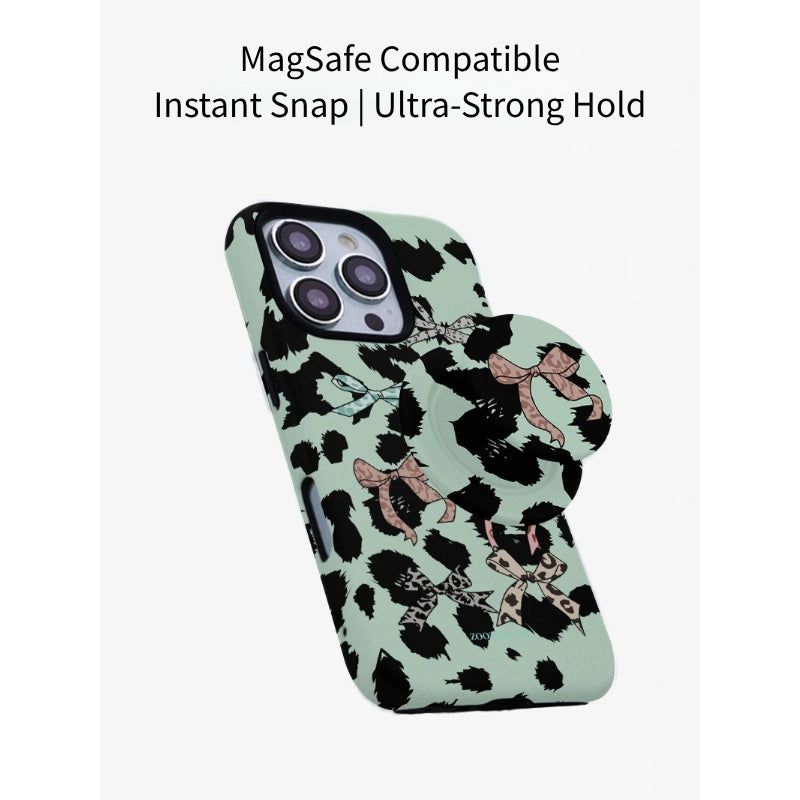 Chic Mint Leopard Ribbon Case for iPhone 13-17 PM | MagSafe 2-in-1 Film | Glossy/Matte