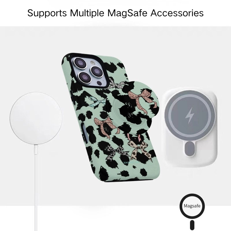 Chic Mint Leopard Ribbon Case for iPhone 13-17 PM | MagSafe 2-in-1 Film | Glossy/Matte