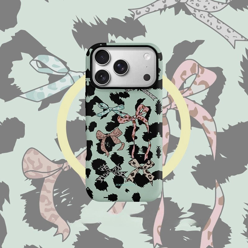 Chic Mint Leopard Ribbon Case for iPhone 13-17 PM | MagSafe 2-in-1 Film | Glossy/Matte