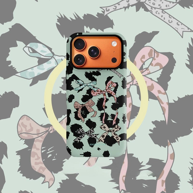 Chic Mint Leopard Ribbon Case for iPhone 13-17 PM | MagSafe 2-in-1 Film | Glossy/Matte