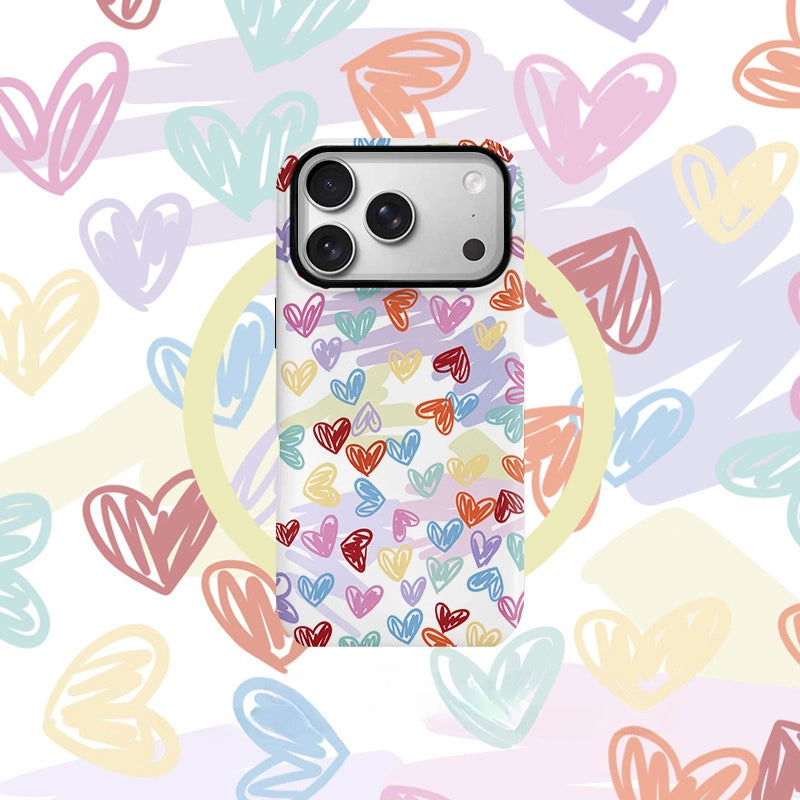 Colorful Heart Doodle Case for iPhone 13-17 PM | MagSafe 2-in-1 Film | Glossy/Matte