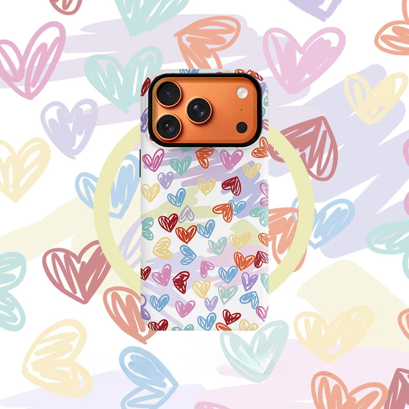 Colorful Heart Doodle Case for iPhone 13-17 PM | MagSafe 2-in-1 Film | Glossy/Matte