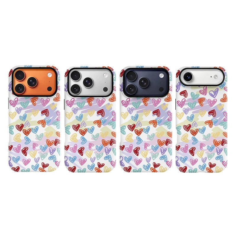 Colorful Heart Doodle Case for iPhone 13-17 PM | MagSafe 2-in-1 Film | Glossy/Matte