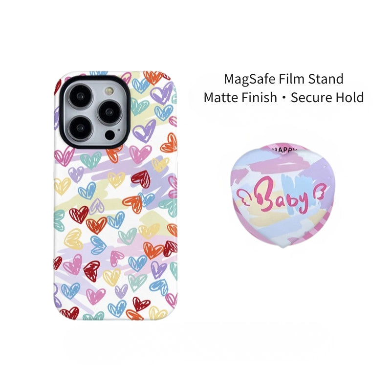 Colorful Heart Doodle Case for iPhone 13-17 PM | MagSafe 2-in-1 Film | Glossy/Matte
