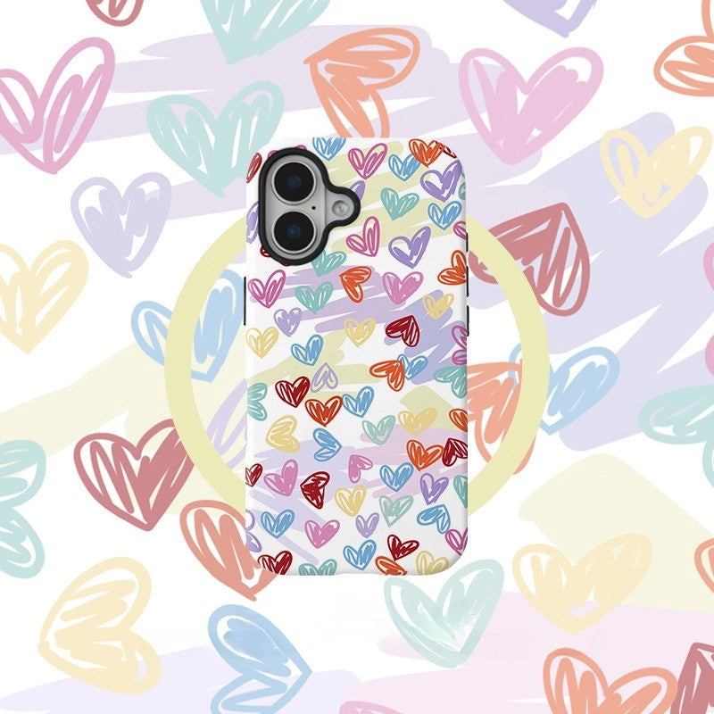 Colorful Heart Doodle Case for iPhone 13-17 PM | MagSafe 2-in-1 Film | Glossy/Matte