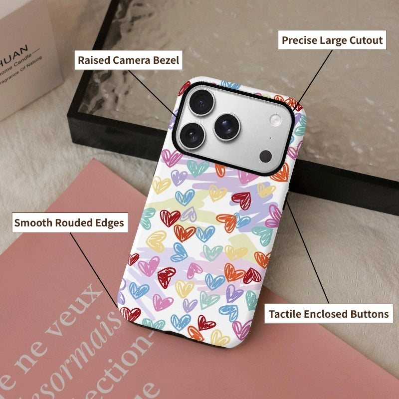 Colorful Heart Doodle Case for iPhone 13-17 PM | MagSafe 2-in-1 Film | Glossy/Matte