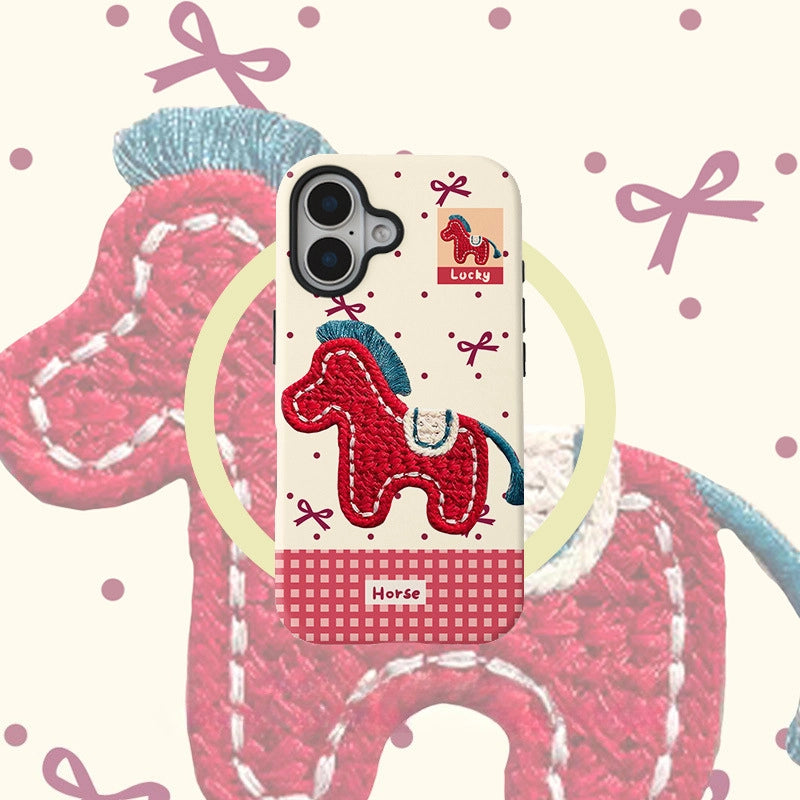 Embroidered Pony Print Case for iPhone 13-17 PM | MagSafe 2-in-1 Film | Glossy/Matte