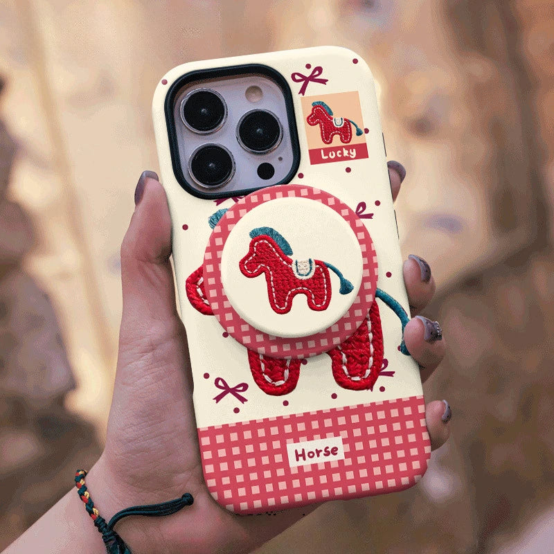 Embroidered Pony Print Case for iPhone 13-17 PM | MagSafe 2-in-1 Film | Glossy/Matte