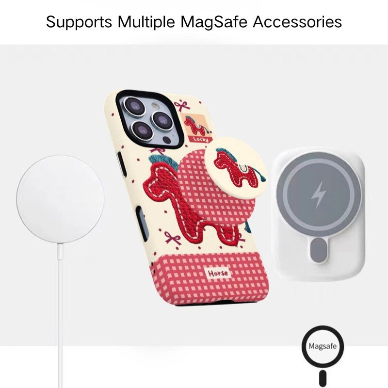 Embroidered Pony Print Case for iPhone 13-17 PM | MagSafe 2-in-1 Film | Glossy/Matte