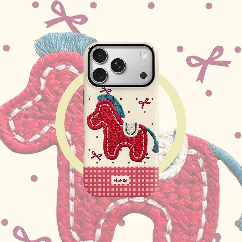 Embroidered Pony Print Case for iPhone 13-17 PM | MagSafe 2-in-1 Film | Glossy/Matte