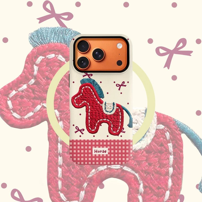 Embroidered Pony Print Case for iPhone 13-17 PM | MagSafe 2-in-1 Film | Glossy/Matte