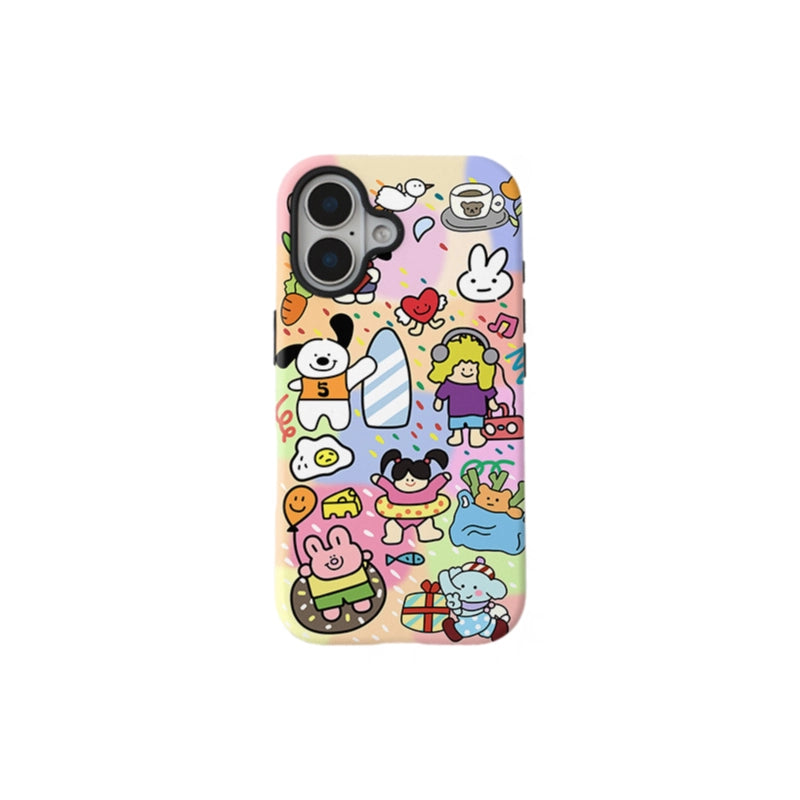 Happy Doodles Friends Illustration Case for iPhone 13-16 PM | MagSafe 2-in-1 Film | Glossy/Matte