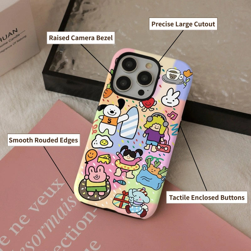 Happy Doodles Friends Illustration Case for iPhone 13-16 PM | MagSafe 2-in-1 Film | Glossy/Matte