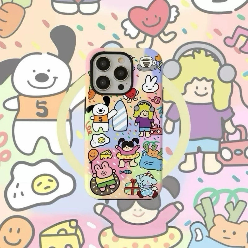 Happy Doodles Friends Illustration Case for iPhone 13-16 PM | MagSafe 2-in-1 Film | Glossy/Matte