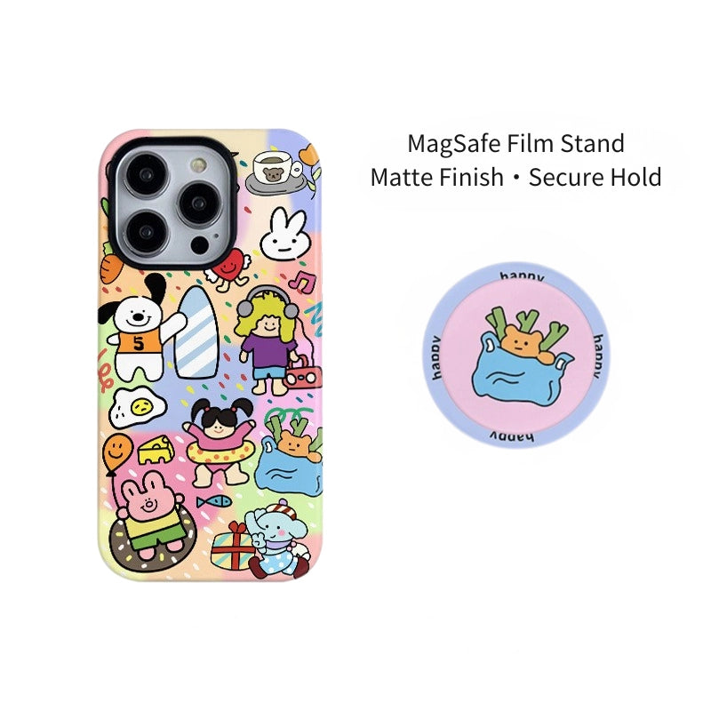Happy Doodles Friends Illustration Case for iPhone 13-16 PM | MagSafe 2-in-1 Film | Glossy/Matte