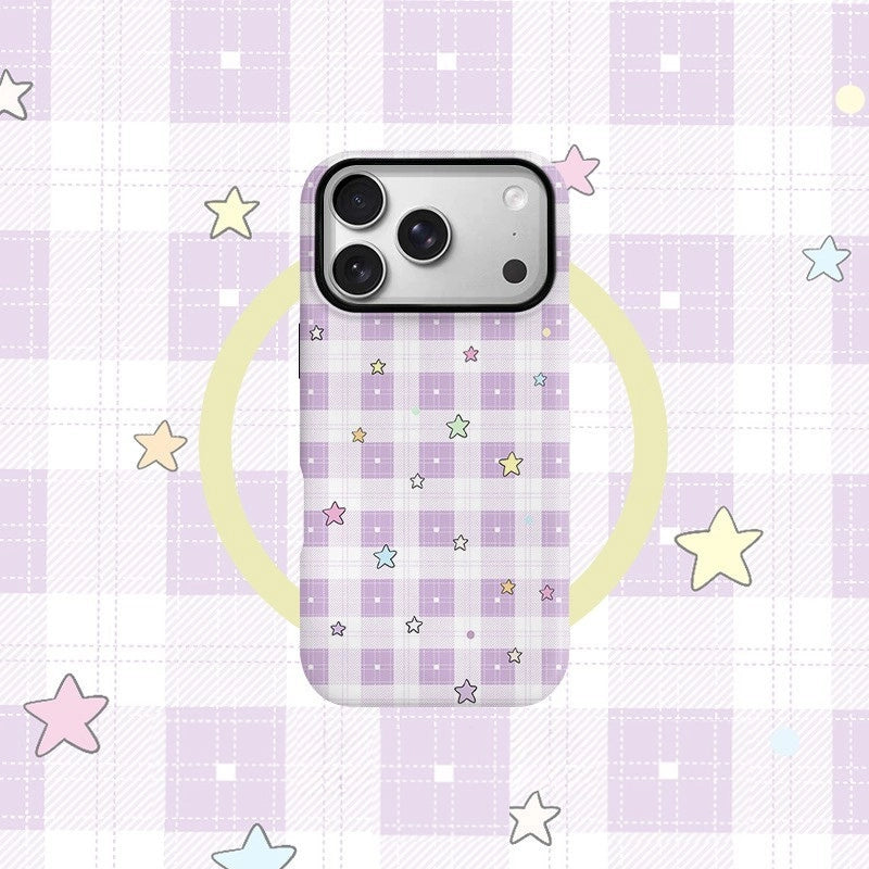 Lavender Star Plaid Case for iPhone 13-17 PM | MagSafe 2-in-1 Film | Glossy/Matte
