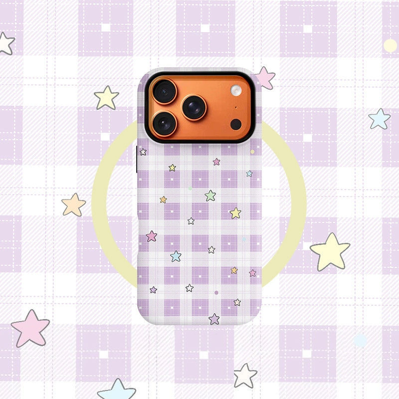 Lavender Star Plaid Case for iPhone 13-17 PM | MagSafe 2-in-1 Film | Glossy/Matte