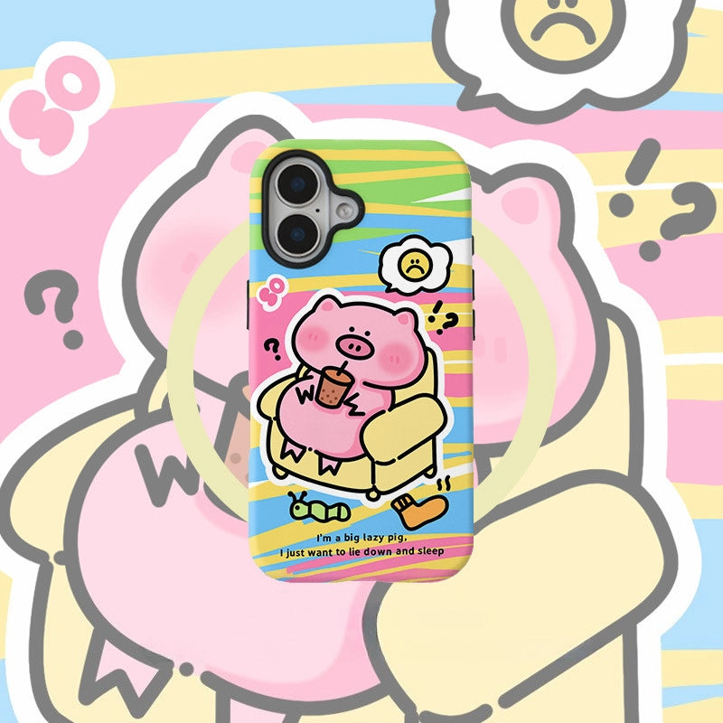Lazy Pig Bubble Tea Case for iPhone 13-17 PM | MagSafe 2-in-1 Film | Glossy/Matte