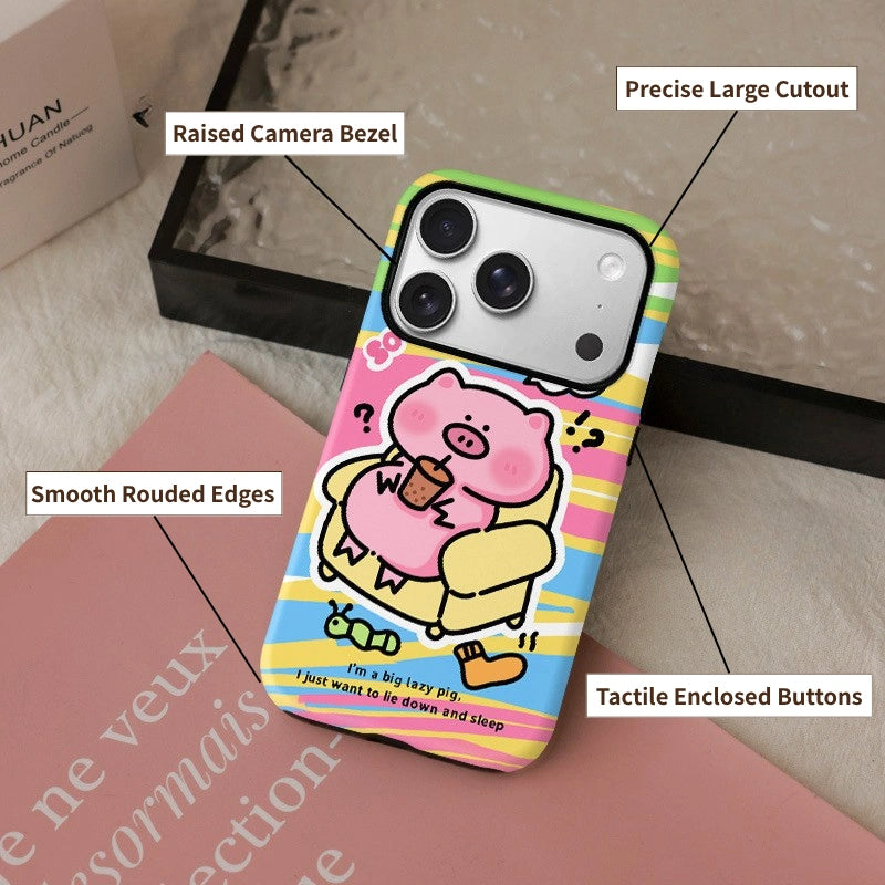 Lazy Pig Bubble Tea Case for iPhone 13-17 PM | MagSafe 2-in-1 Film | Glossy/Matte