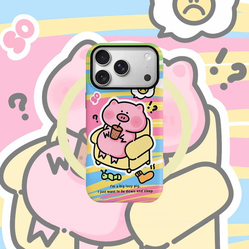 Lazy Pig Bubble Tea Case for iPhone 13-17 PM | MagSafe 2-in-1 Film | Glossy/Matte
