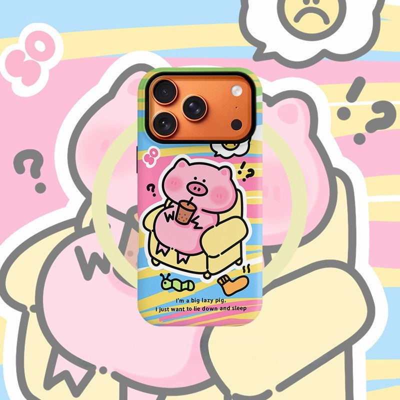 Lazy Pig Bubble Tea Case for iPhone 13-17 PM | MagSafe 2-in-1 Film | Glossy/Matte