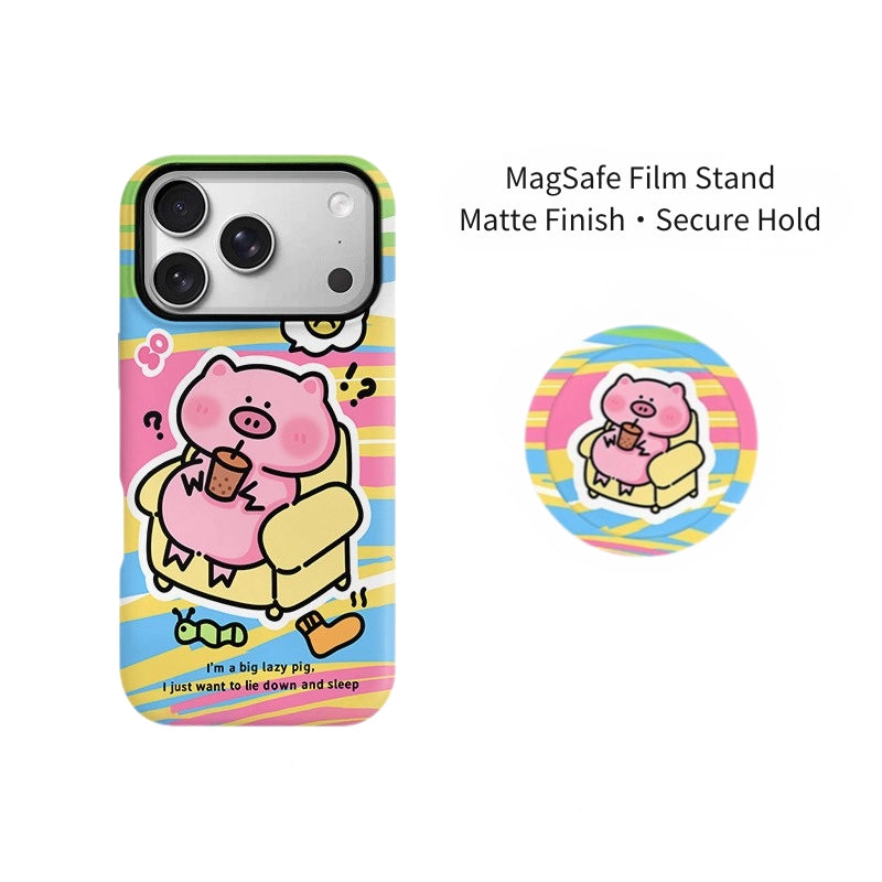 Lazy Pig Bubble Tea Case for iPhone 13-17 PM | MagSafe 2-in-1 Film | Glossy/Matte