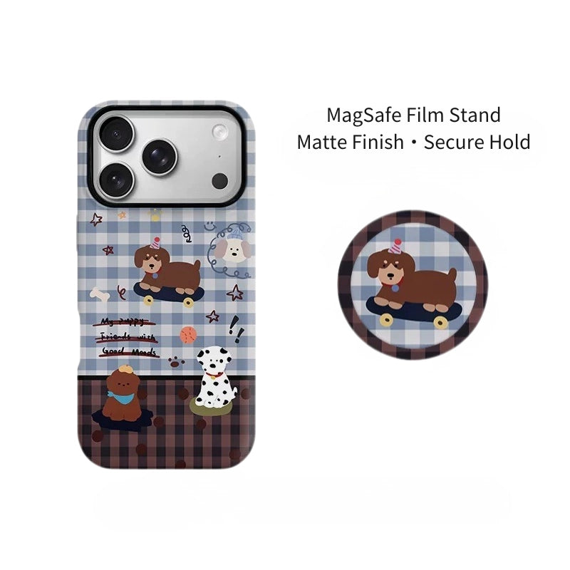 Playful Skater Puppy Gingham Pattern Case for iPhone 13-17 PM | MagSafe 2-in-1 Film | Glossy/Matte
