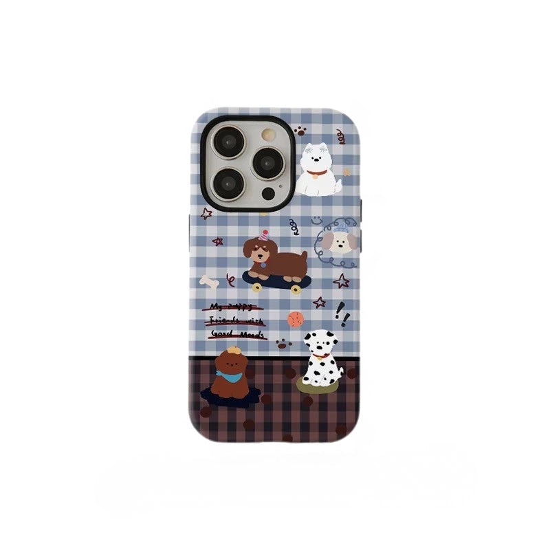 Playful Skater Puppy Gingham Pattern Case for iPhone 13-17 PM | MagSafe 2-in-1 Film | Glossy/Matte