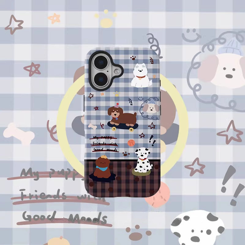 Playful Skater Puppy Gingham Pattern Case for iPhone 13-17 PM | MagSafe 2-in-1 Film | Glossy/Matte