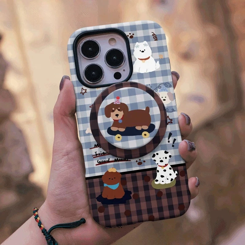 Playful Skater Puppy Gingham Pattern Case for iPhone 13-17 PM | MagSafe 2-in-1 Film | Glossy/Matte