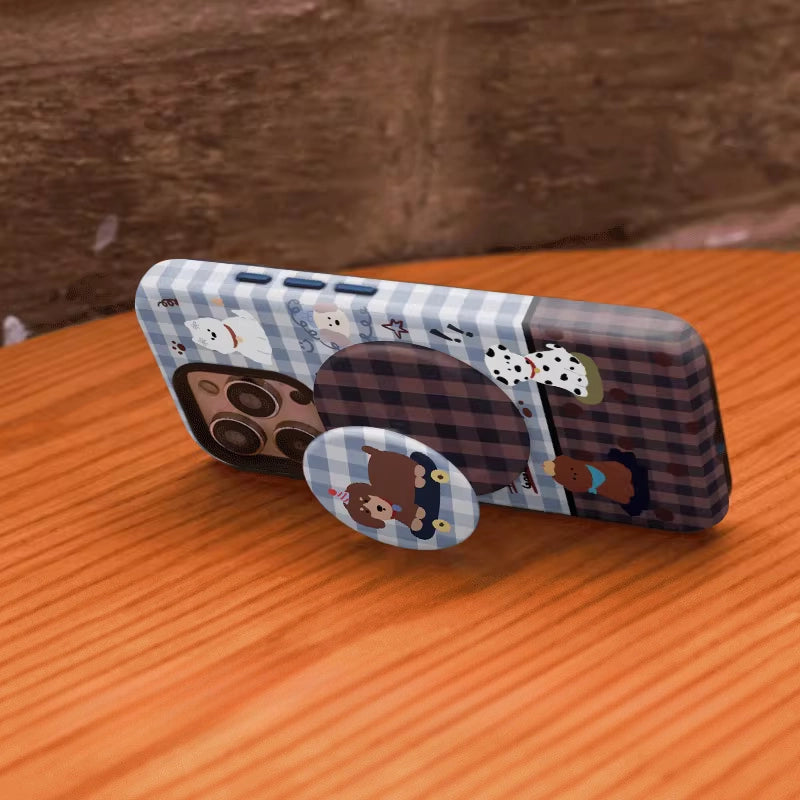 Playful Skater Puppy Gingham Pattern Case for iPhone 13-17 PM | MagSafe 2-in-1 Film | Glossy/Matte