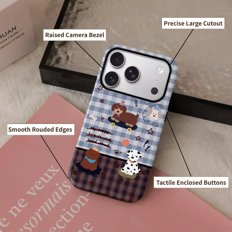 Playful Skater Puppy Gingham Pattern Case for iPhone 13-17 PM | MagSafe 2-in-1 Film | Glossy/Matte