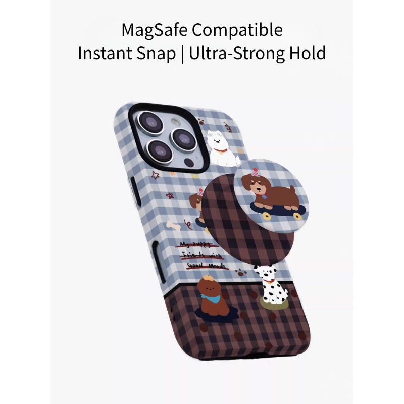 Playful Skater Puppy Gingham Pattern Case for iPhone 13-17 PM | MagSafe 2-in-1 Film | Glossy/Matte