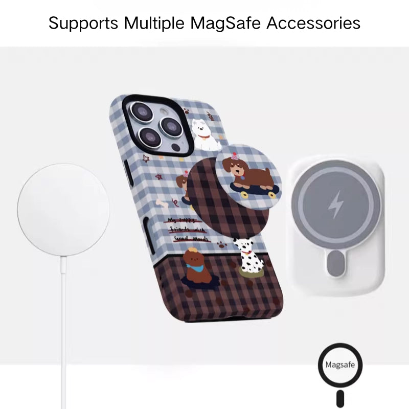 Playful Skater Puppy Gingham Pattern Case for iPhone 13-17 PM | MagSafe 2-in-1 Film | Glossy/Matte