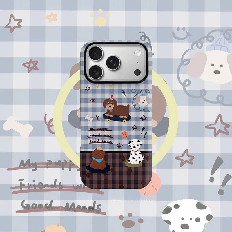Playful Skater Puppy Gingham Pattern Case for iPhone 13-17 PM | MagSafe 2-in-1 Film | Glossy/Matte