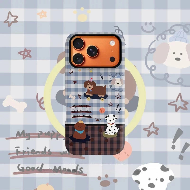 Playful Skater Puppy Gingham Pattern Case for iPhone 13-17 PM | MagSafe 2-in-1 Film | Glossy/Matte