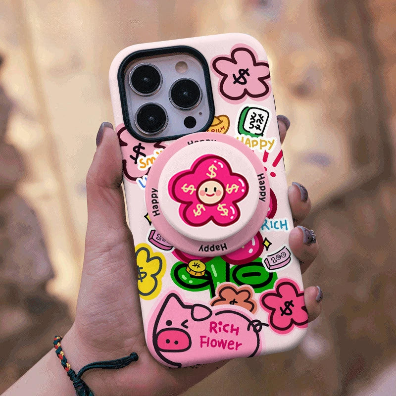 Rich Flower & Lucky Piggy Case for iPhone 13-17 PM | MagSafe 2-in-1 Design | Glossy/Matte