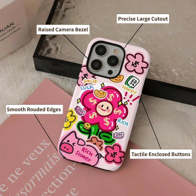 Rich Flower & Lucky Piggy Case for iPhone 13-17 PM | MagSafe 2-in-1 Design | Glossy/Matte